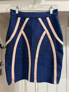 HD in Paris Navy Pencil Skirt with Blush Trim Sz S snug stretchy fit